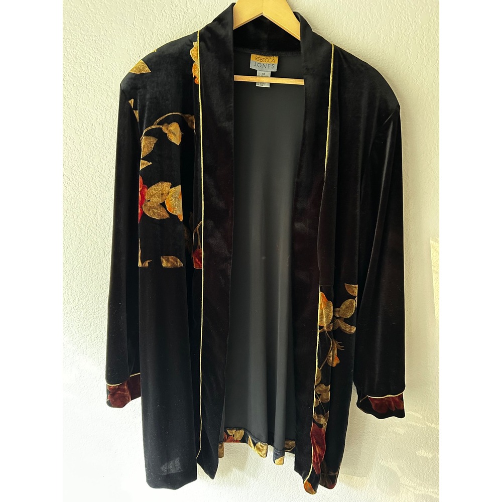 Rebecca Jones Black Velvet Floral Rose Open Front Cardigan Jacket Gold Trim 1X
